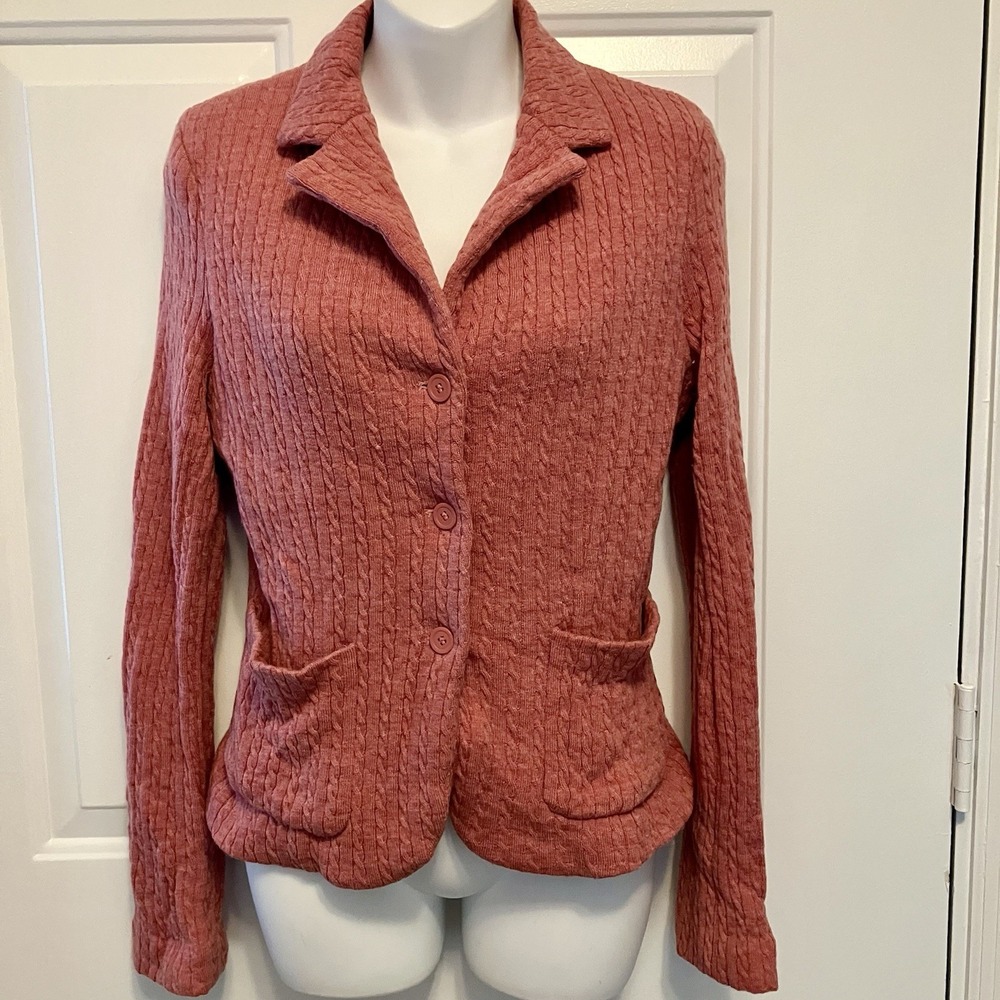 Garnet Hill Size Small/Medium Cable Knit Wool Cardigan Sweater Pink/Rose Womens